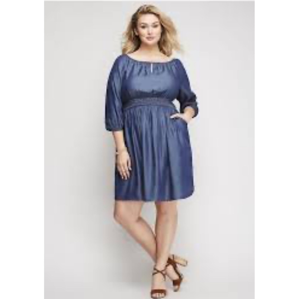 Lane Bryant Denim Chambray Off Shoulder Smocked Waist Midi Dress Plus Size 14 16